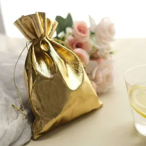 10 Pack Metallic Gold Lame Polyester Party Favor Gift Bags, Shiny Fabric Drawstring Candy Pouch 5"x7"