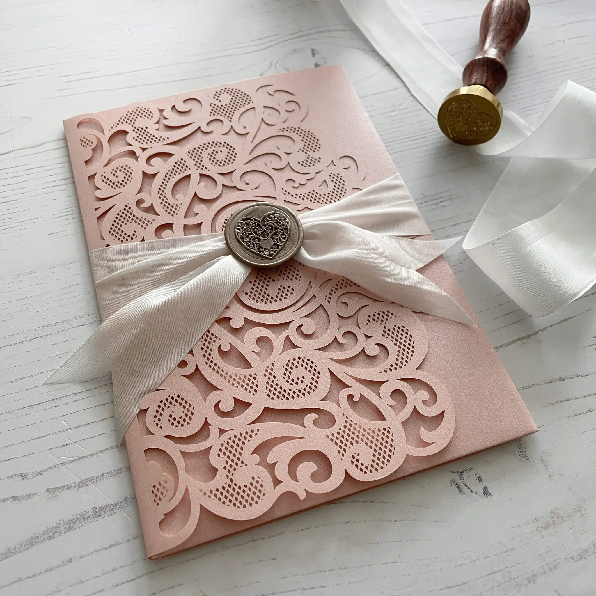 Amelie Laser Cut Pocket Invitation in Blush Pink
