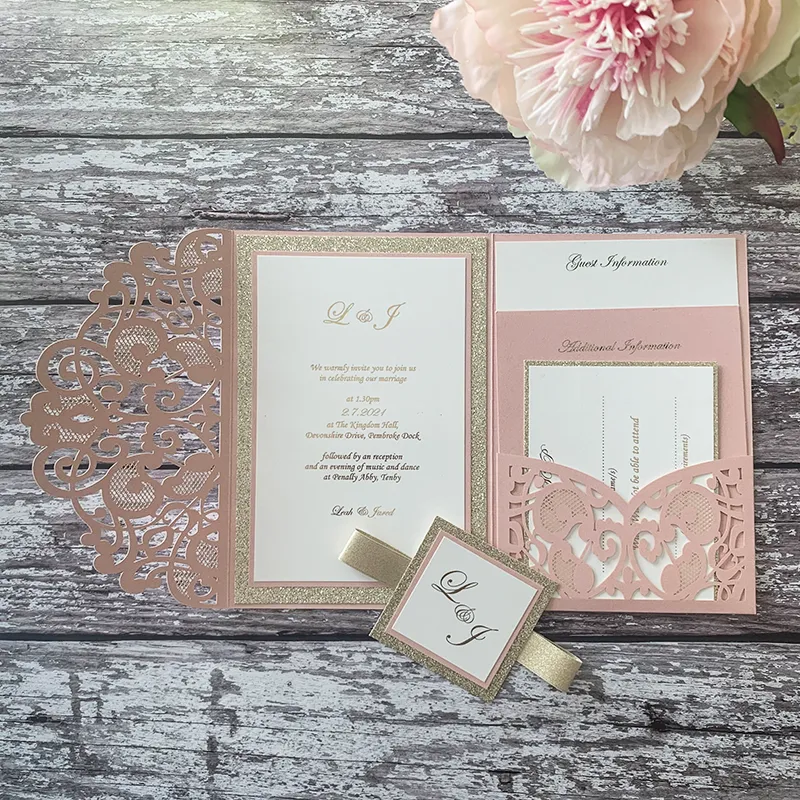 Amelie Laser Cut Pocket Invitation in Blush Pink