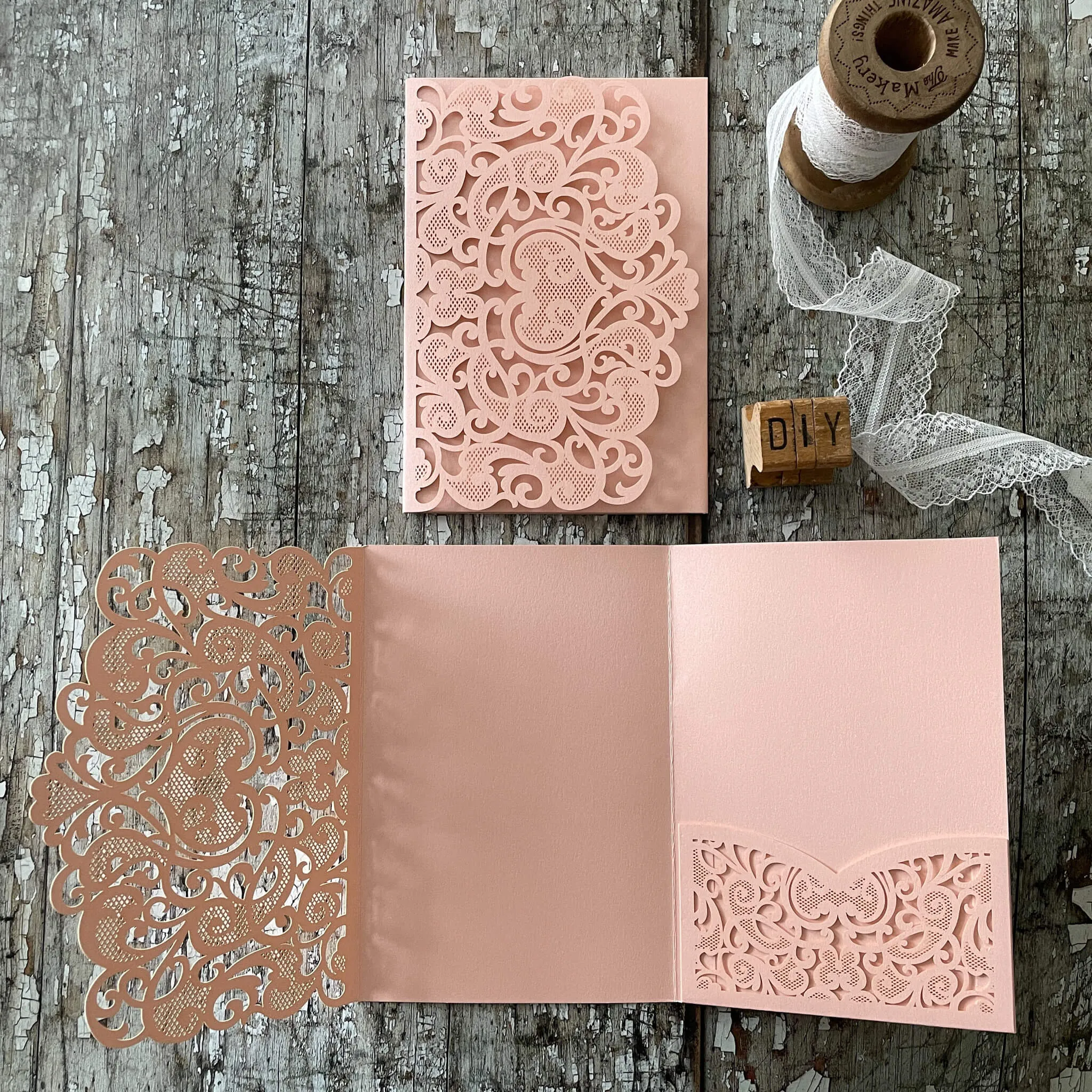 Amelie Laser Cut Pocket Invitation in Blush Pink
