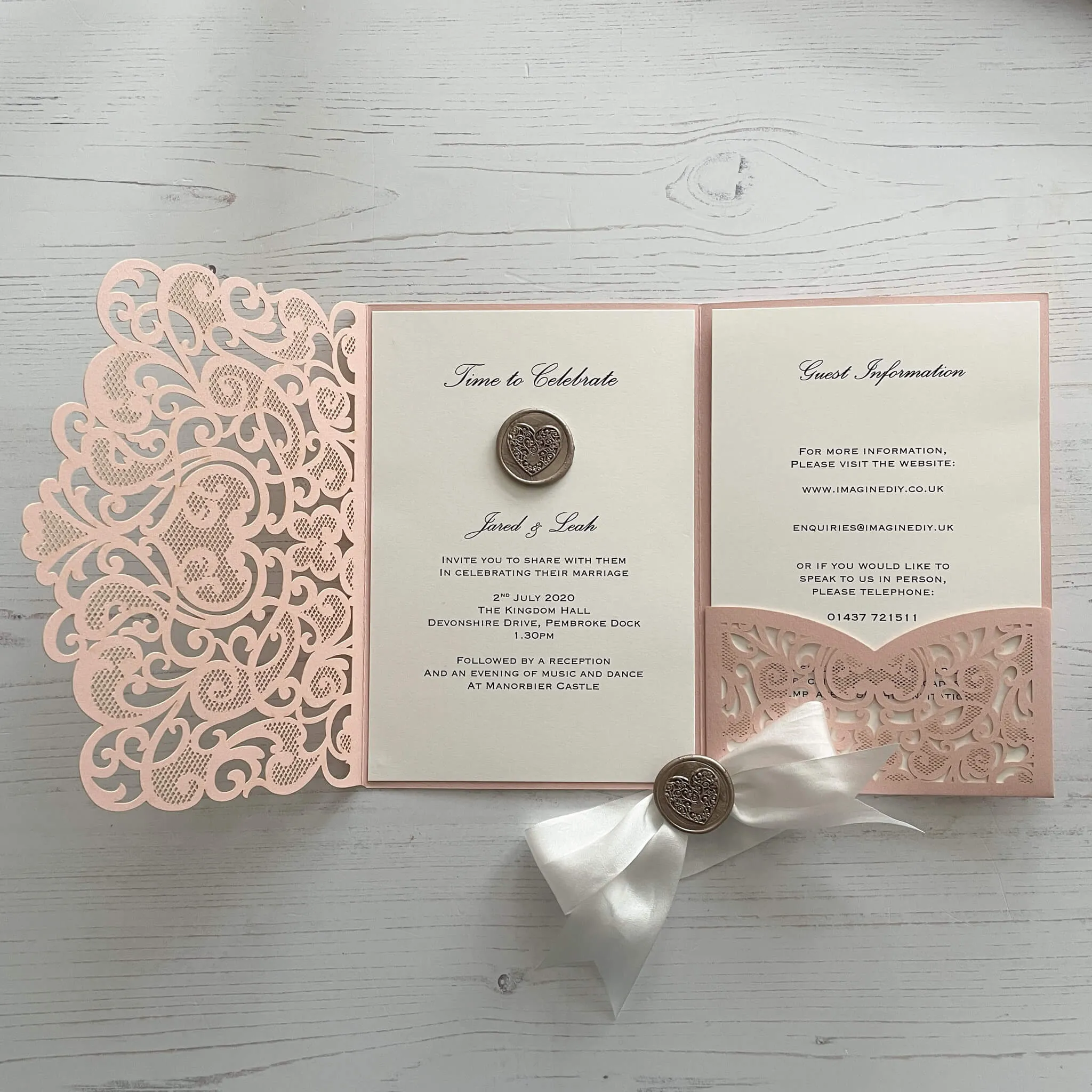 Amelie Laser Cut Pocket Invitation in Blush Pink