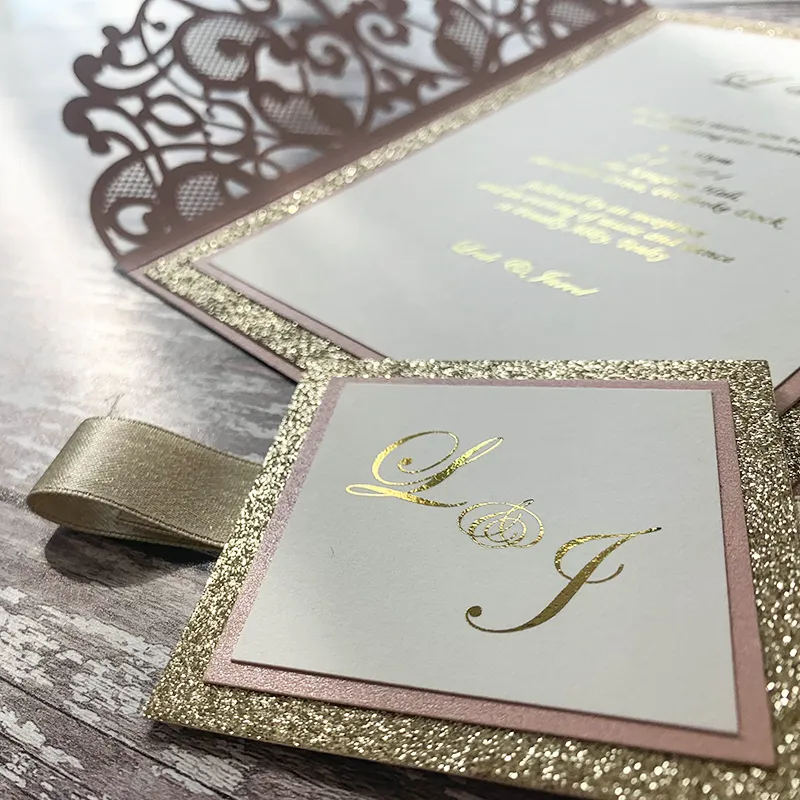 Amelie Laser Cut Pocket Invitation in Blush Pink