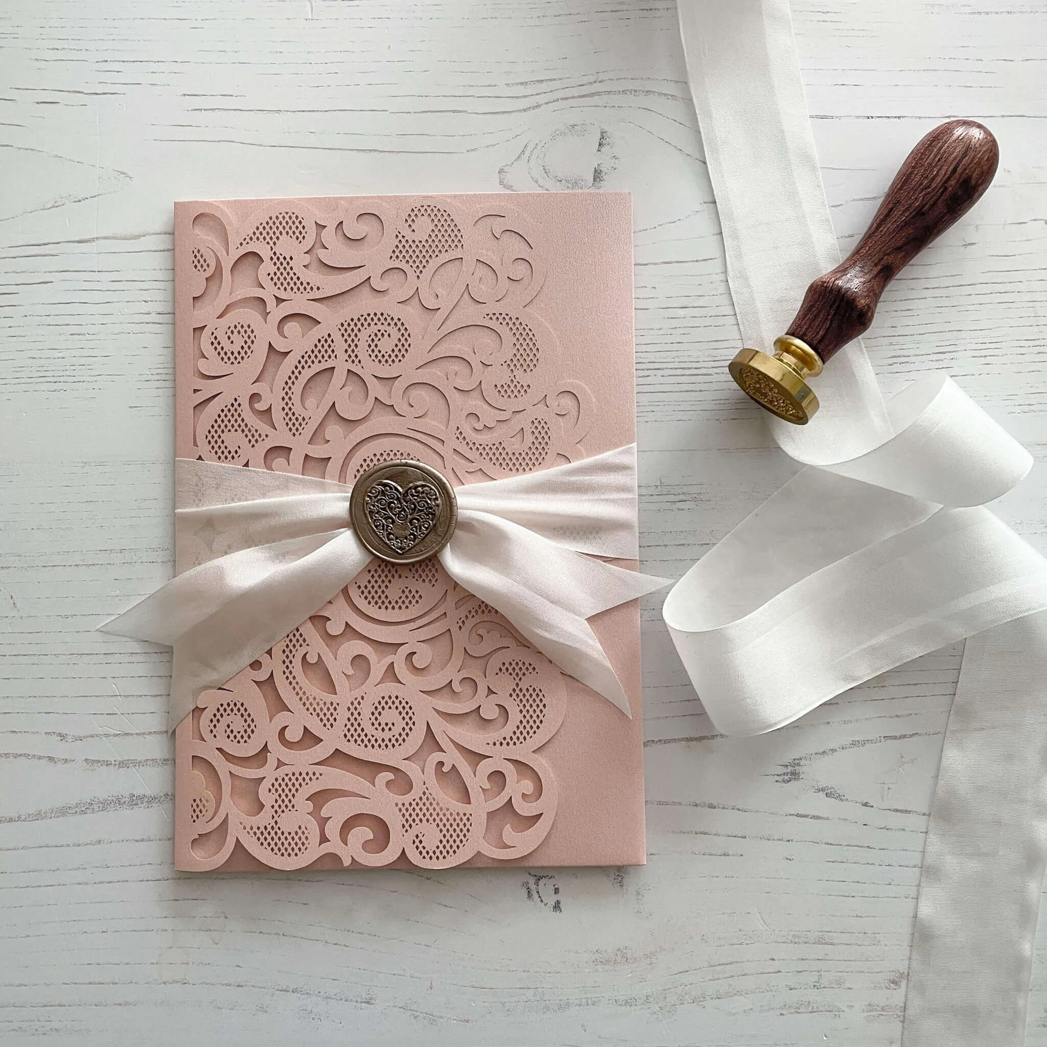 Amelie Laser Cut Pocket Invitation in Blush Pink