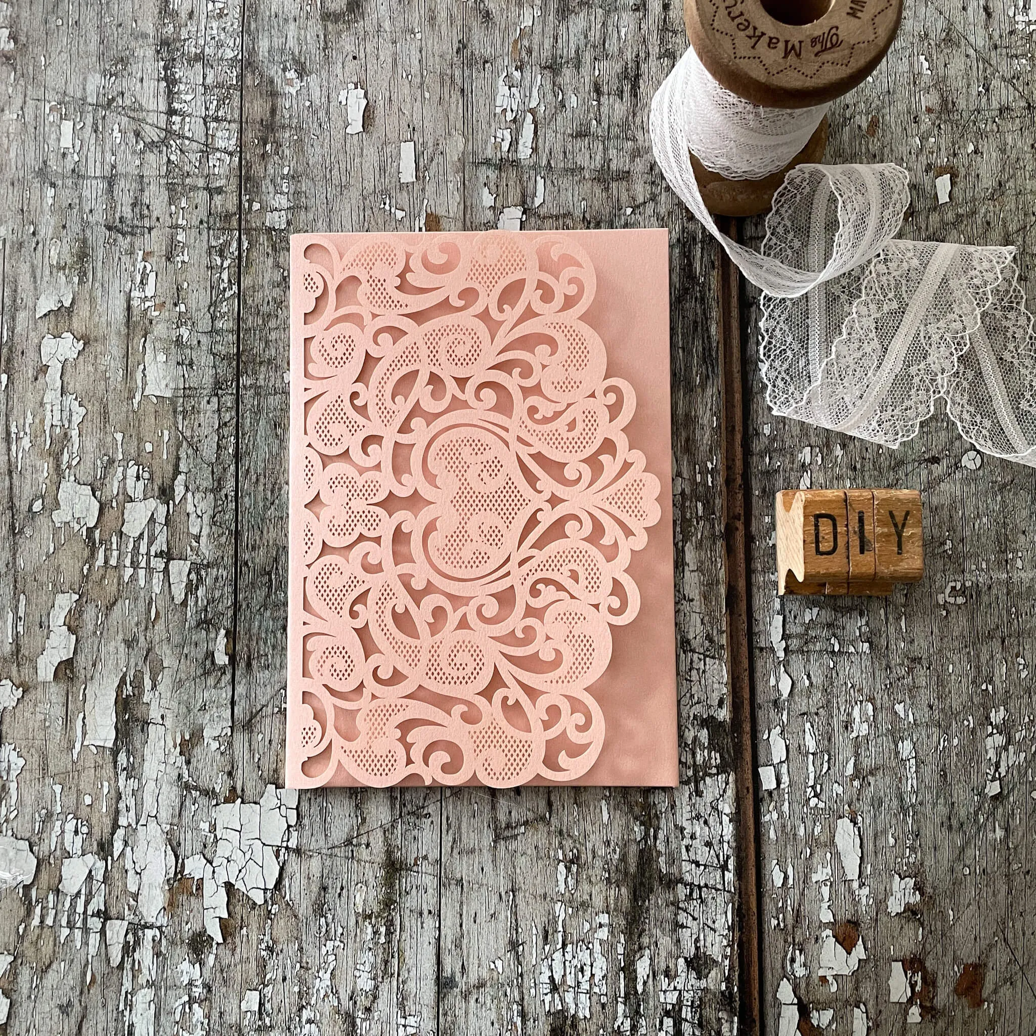 Amelie Laser Cut Pocket Invitation in Blush Pink