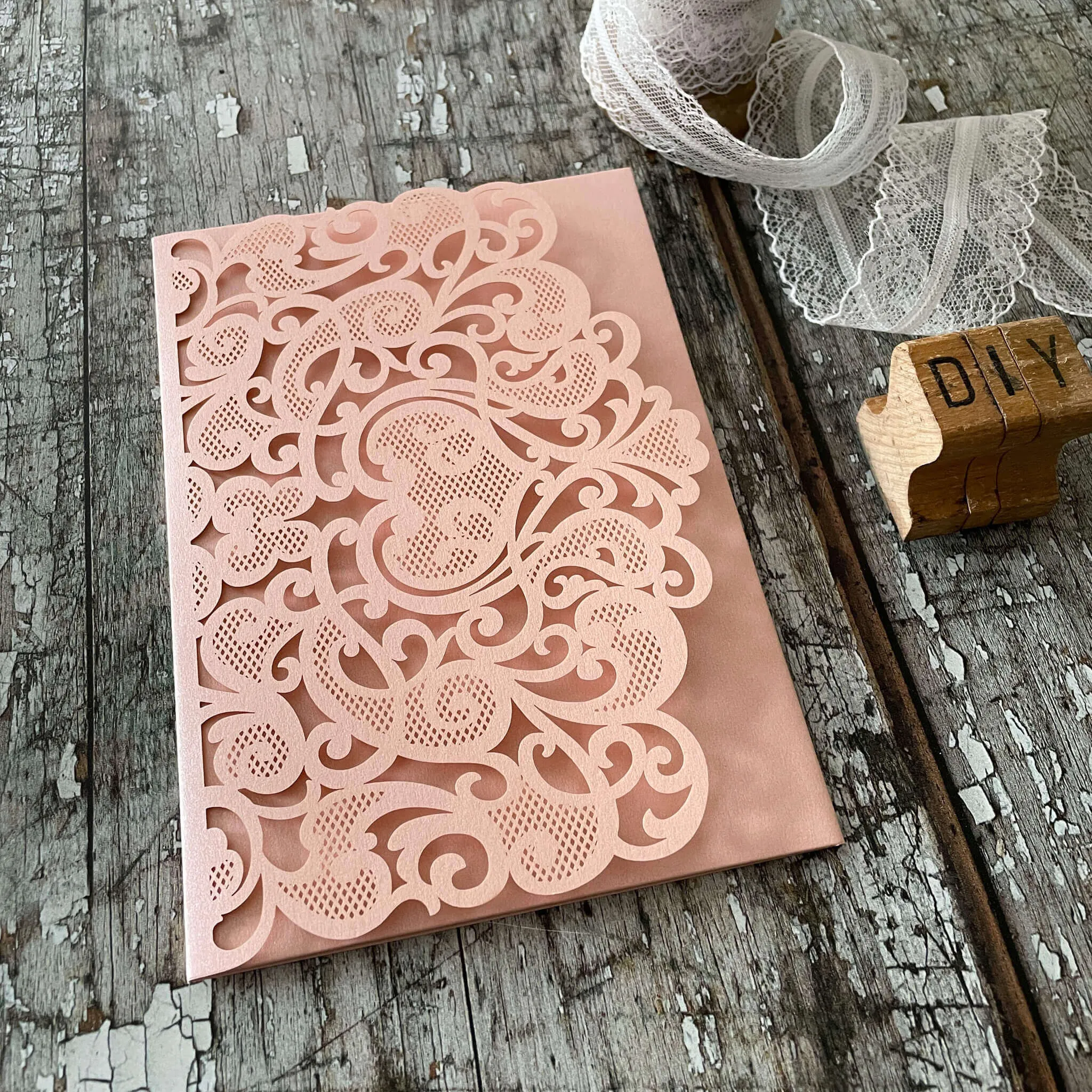 Amelie Laser Cut Pocket Invitation in Blush Pink