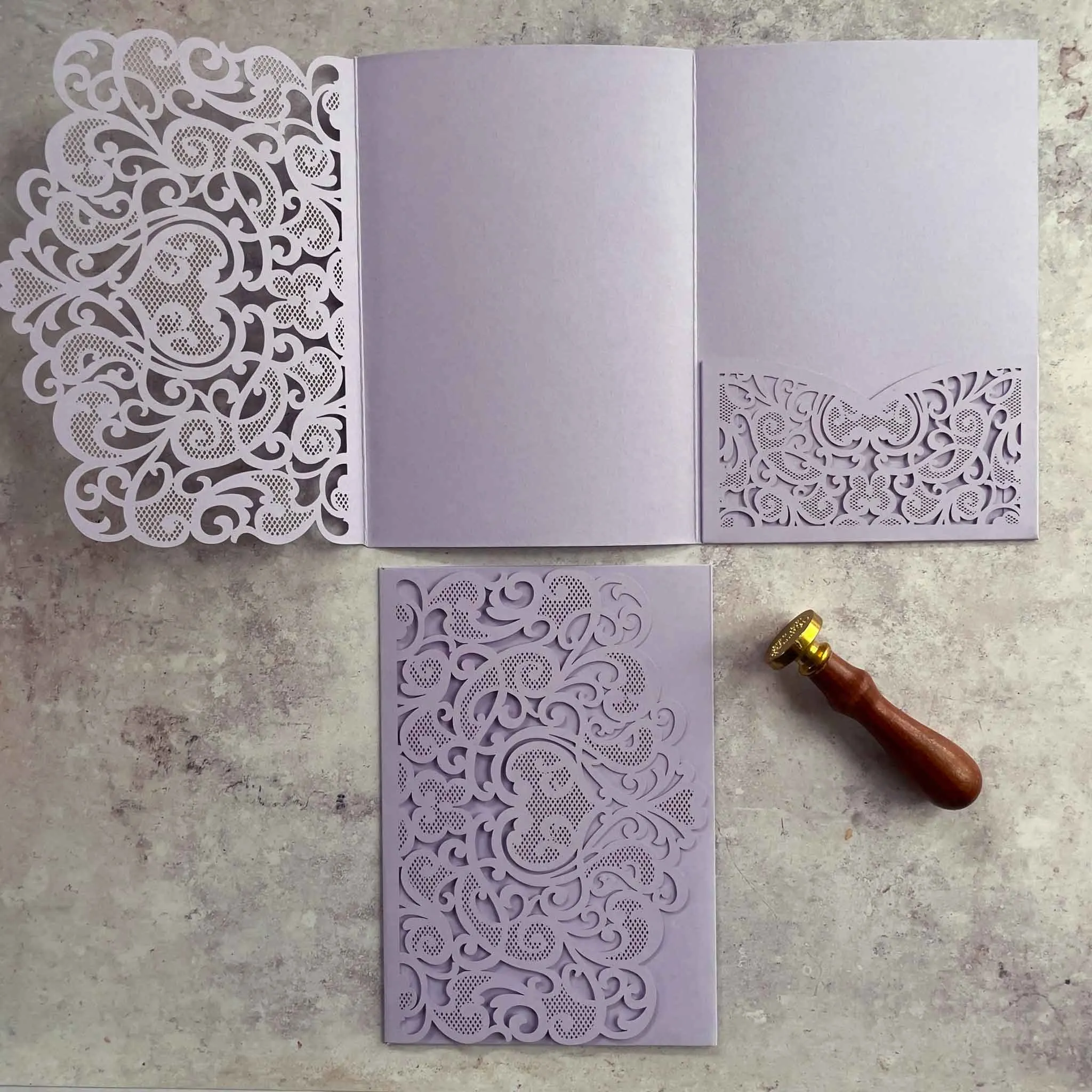Amelie Laser Cut Pocket Invitation in Lilac