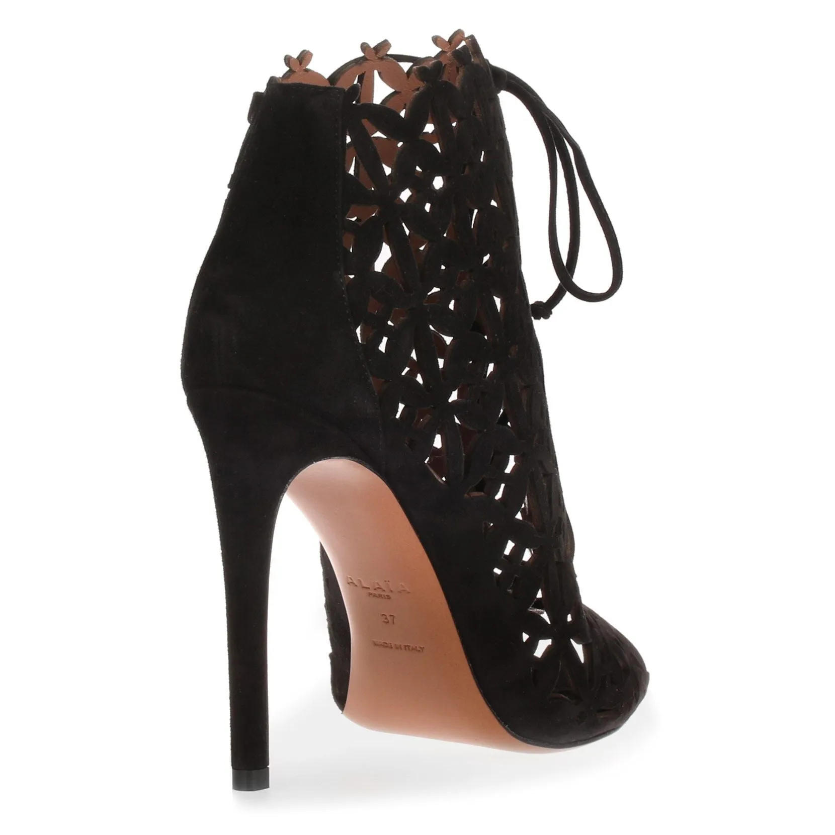 Black suede laser-cut sandal