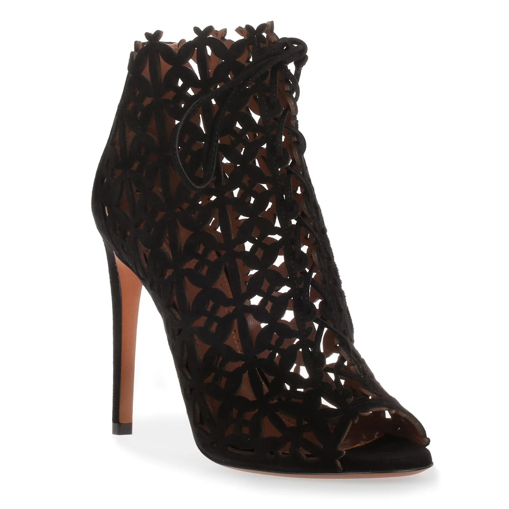 Black suede laser-cut sandal