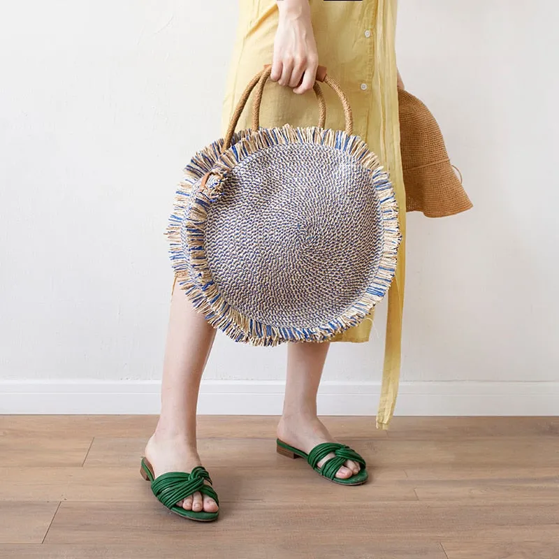 Christmas Gift Bohemian Round Straw Bags Rattan Women Handbags Handmade Woven Tote Wicker Shoulder Crossbody Bags Large Summer Beach Bag Purse