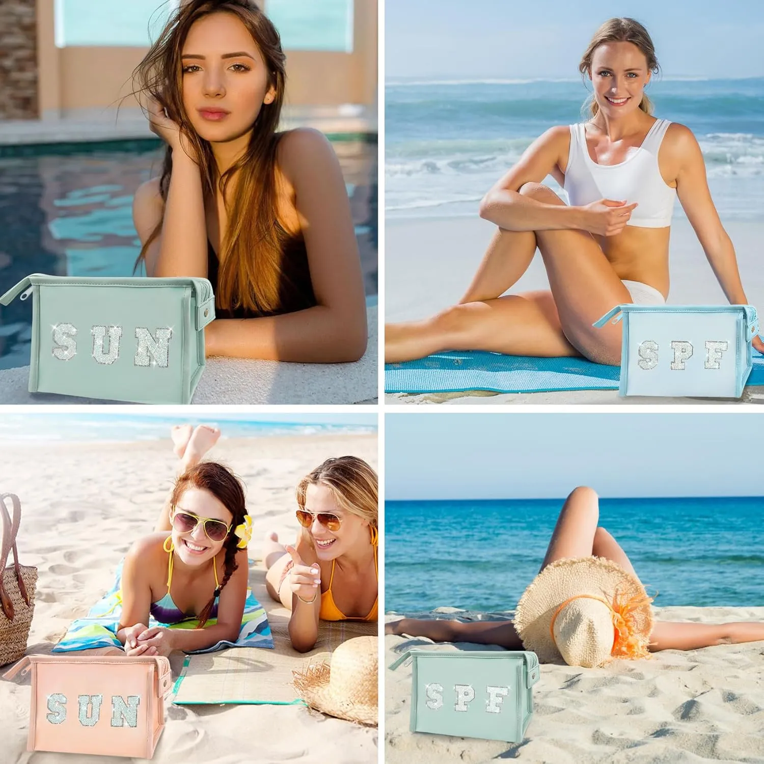 COSHAYSOO Clear Makeup Bag Sunscreen Pouch with Preppy Letter Patch for Women Teenager Girls Travel Cosmetic Toiletry Goggles Pool Beach Summer Stuff Accessories-Blue SUN