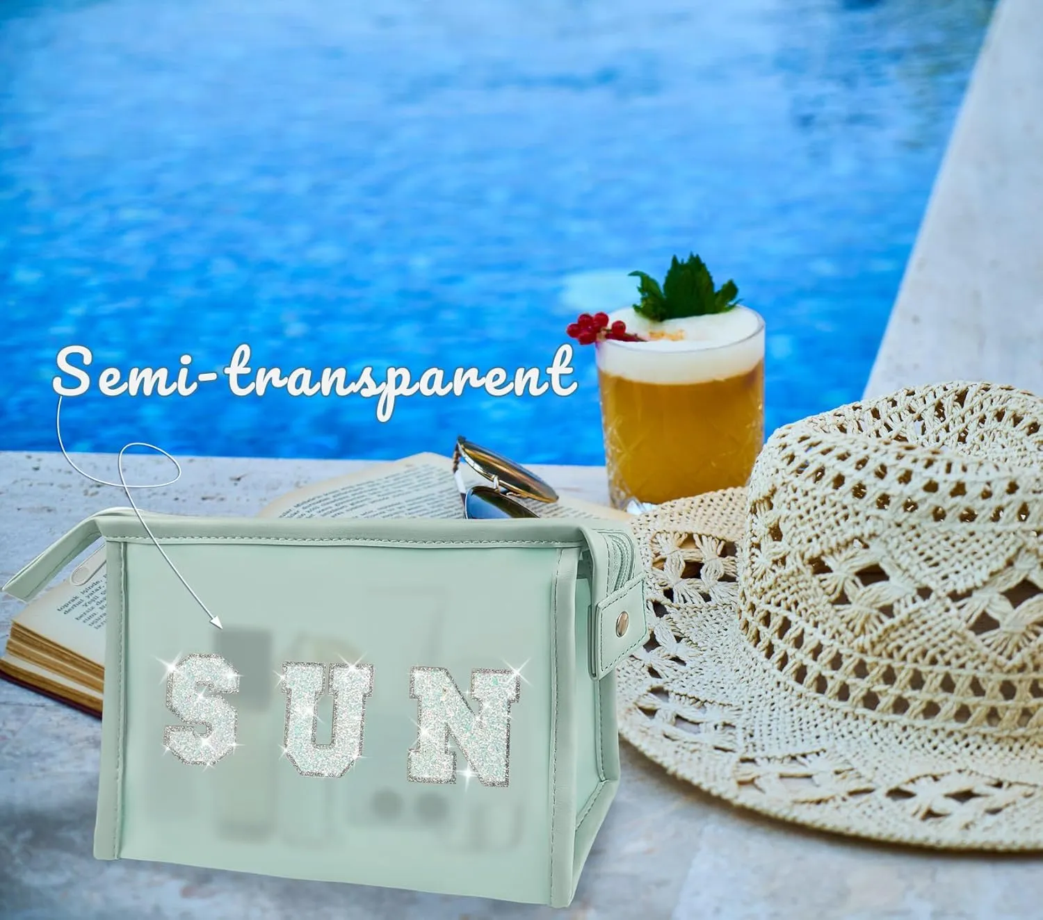 COSHAYSOO Clear Makeup Bag Sunscreen Pouch with Preppy Letter Patch for Women Teenager Girls Travel Cosmetic Toiletry Goggles Pool Beach Summer Stuff Accessories-Blue SUN