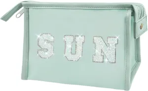 COSHAYSOO Clear Makeup Bag Sunscreen Pouch with Preppy Letter Patch for Women Teenager Girls Travel Cosmetic Toiletry Goggles Pool Beach Summer Stuff Accessories-Blue SUN