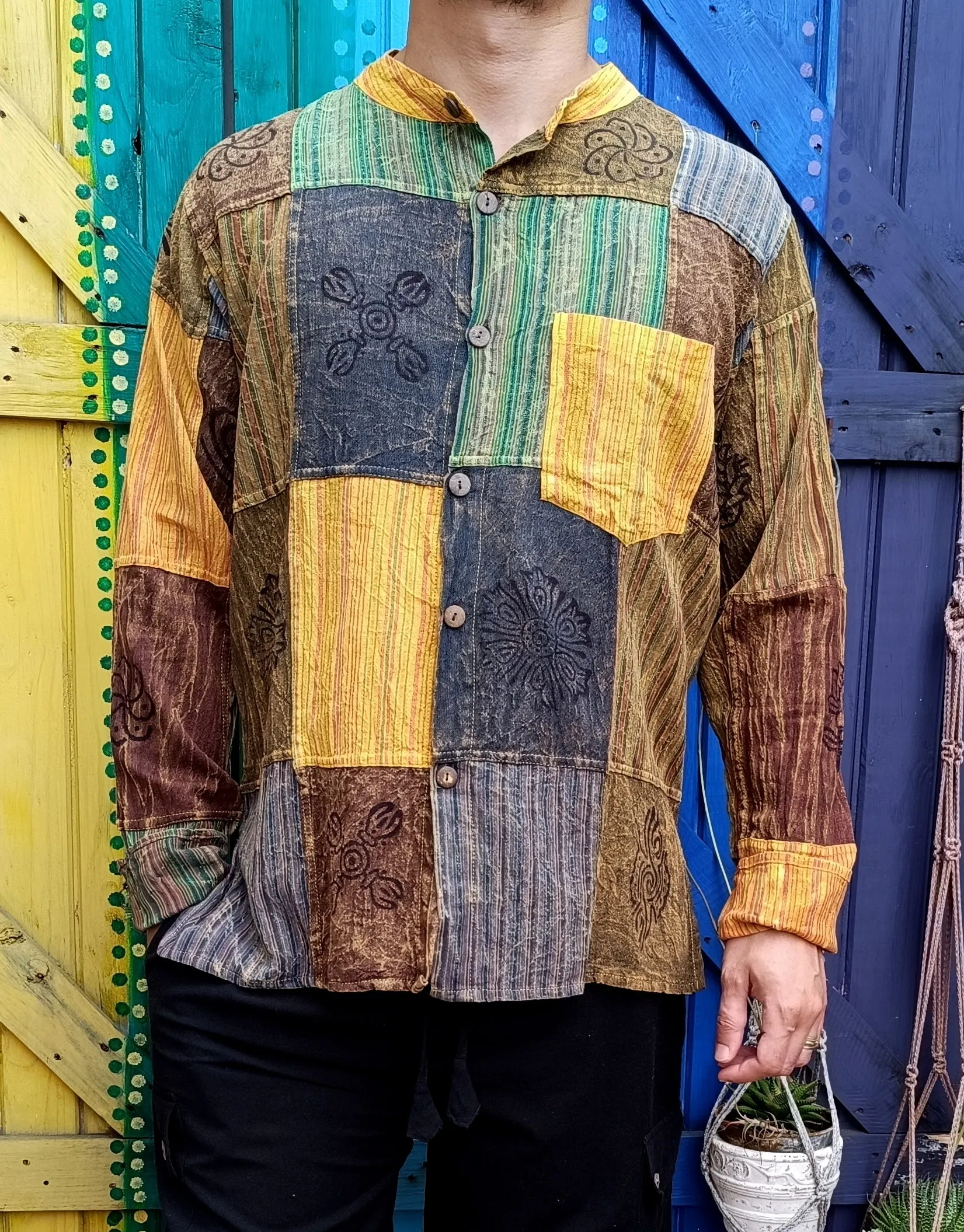 Cotton Hippie Men's Shirts Patchwork Dharke Khaddar Kurta Long Sleeve Shirts