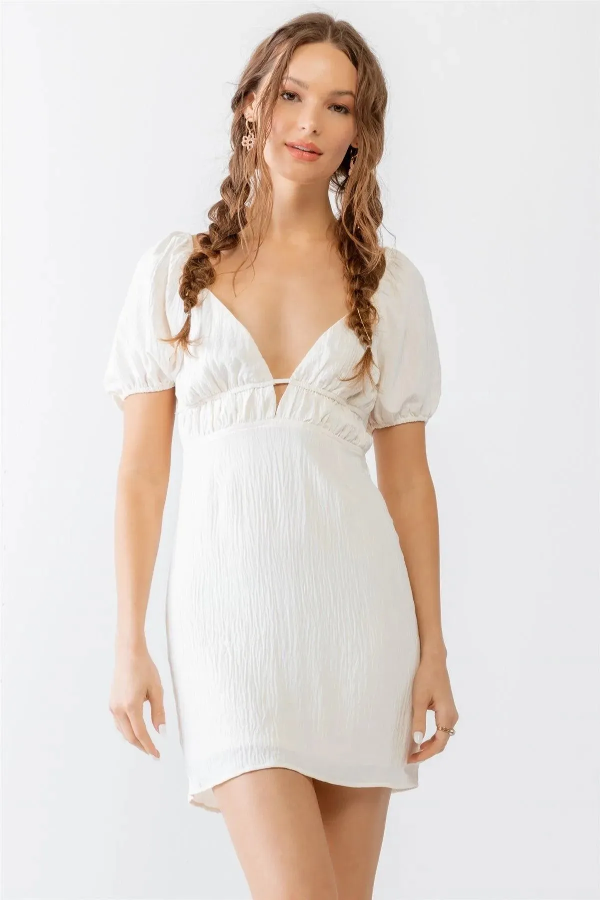 Cream Textured Puff Short Sleeve Back Tie Mini Dress /3-2-1