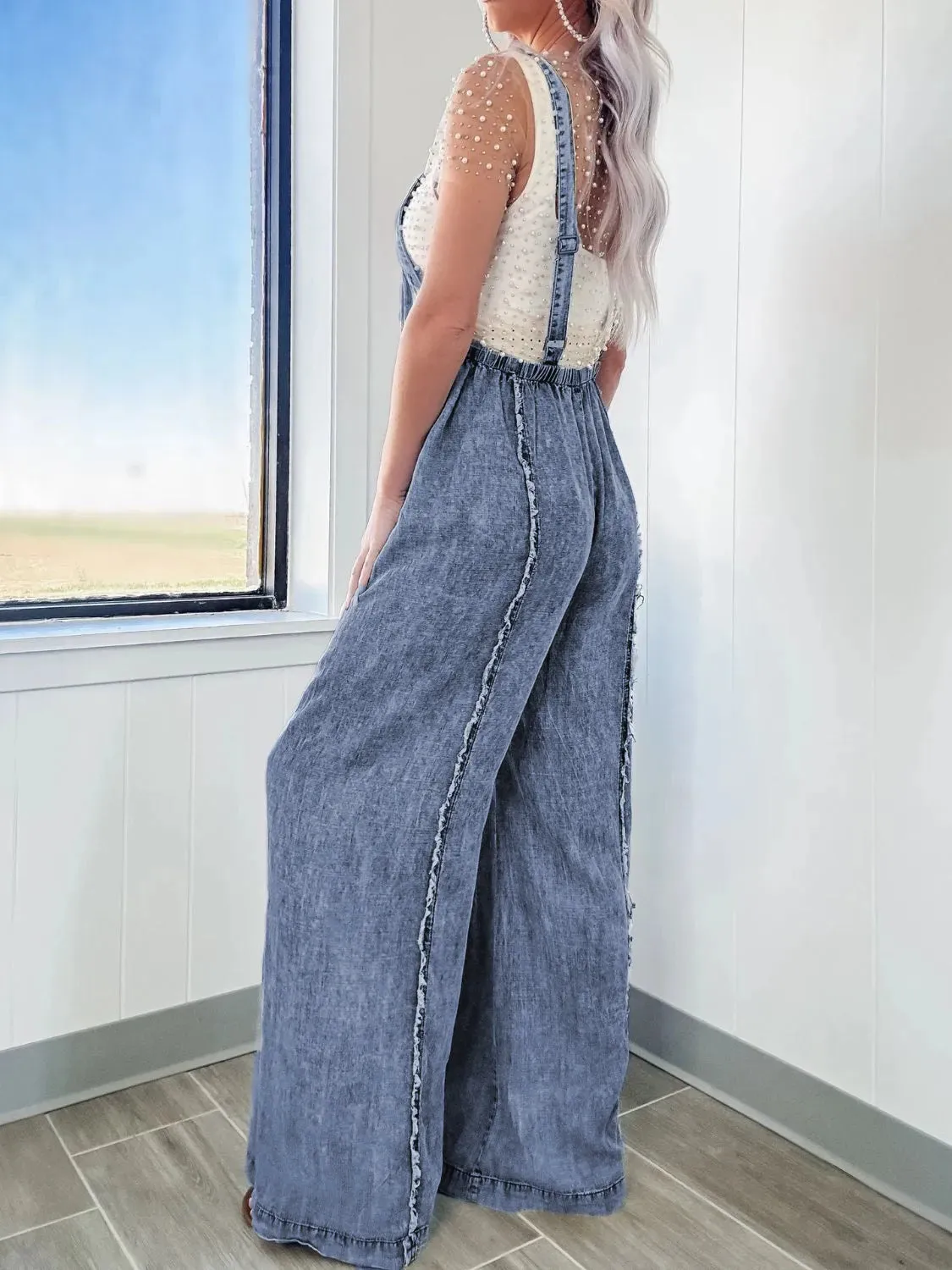 Exposed Seam Washed Wide Leg Denim Overalls
