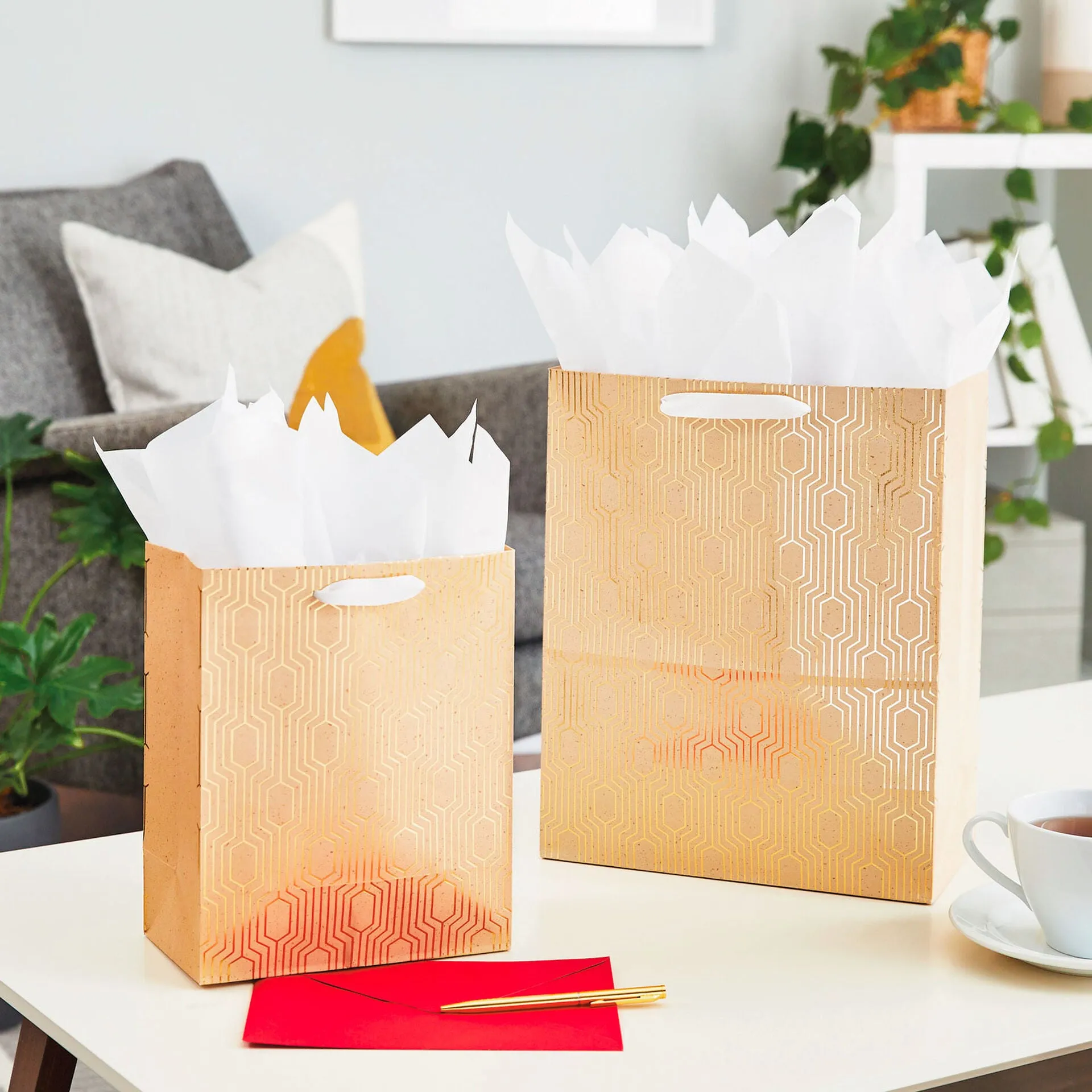 Gold Geometric on Tan Large Gift Bag