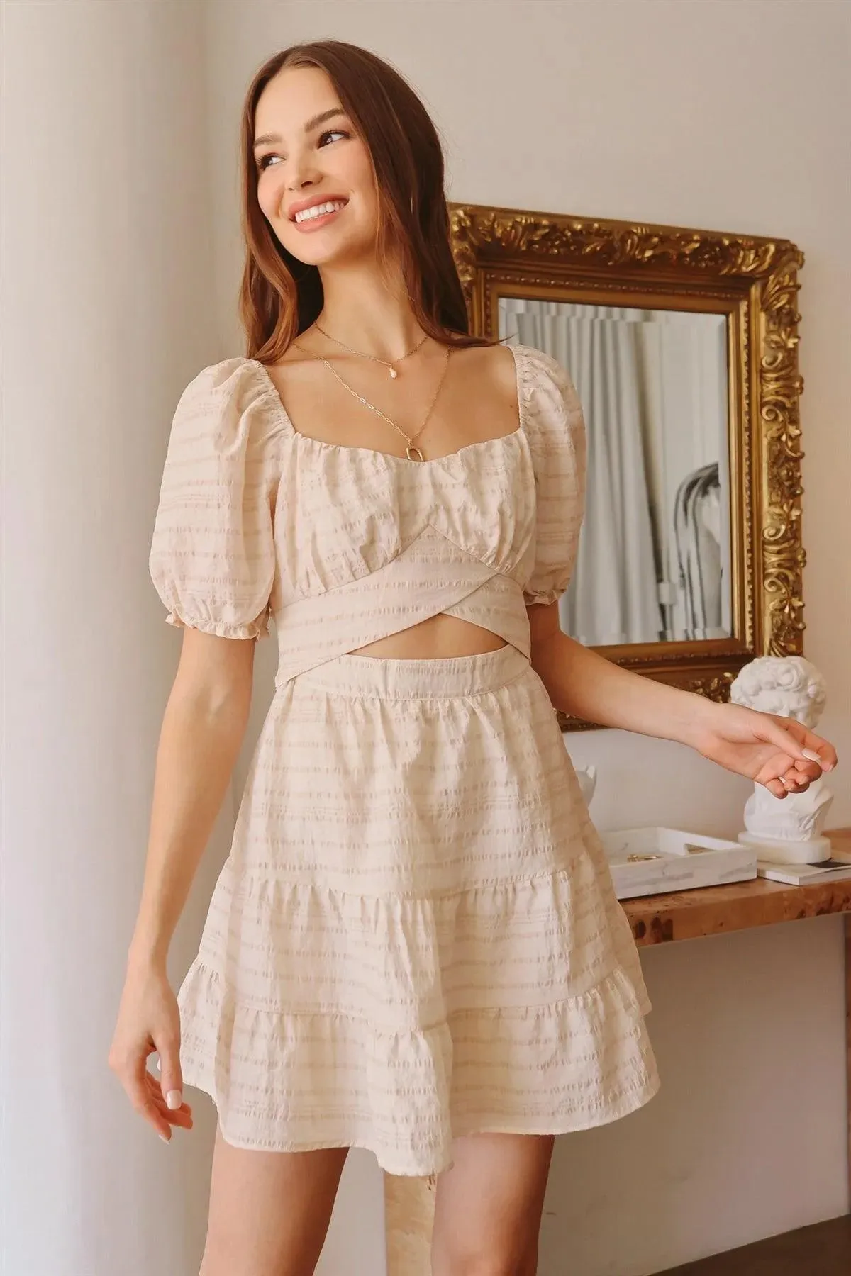 Ivory Line Print Sweetheart Neck Cut-Out Puff Short Sleeve Mini Dress /3-2-1