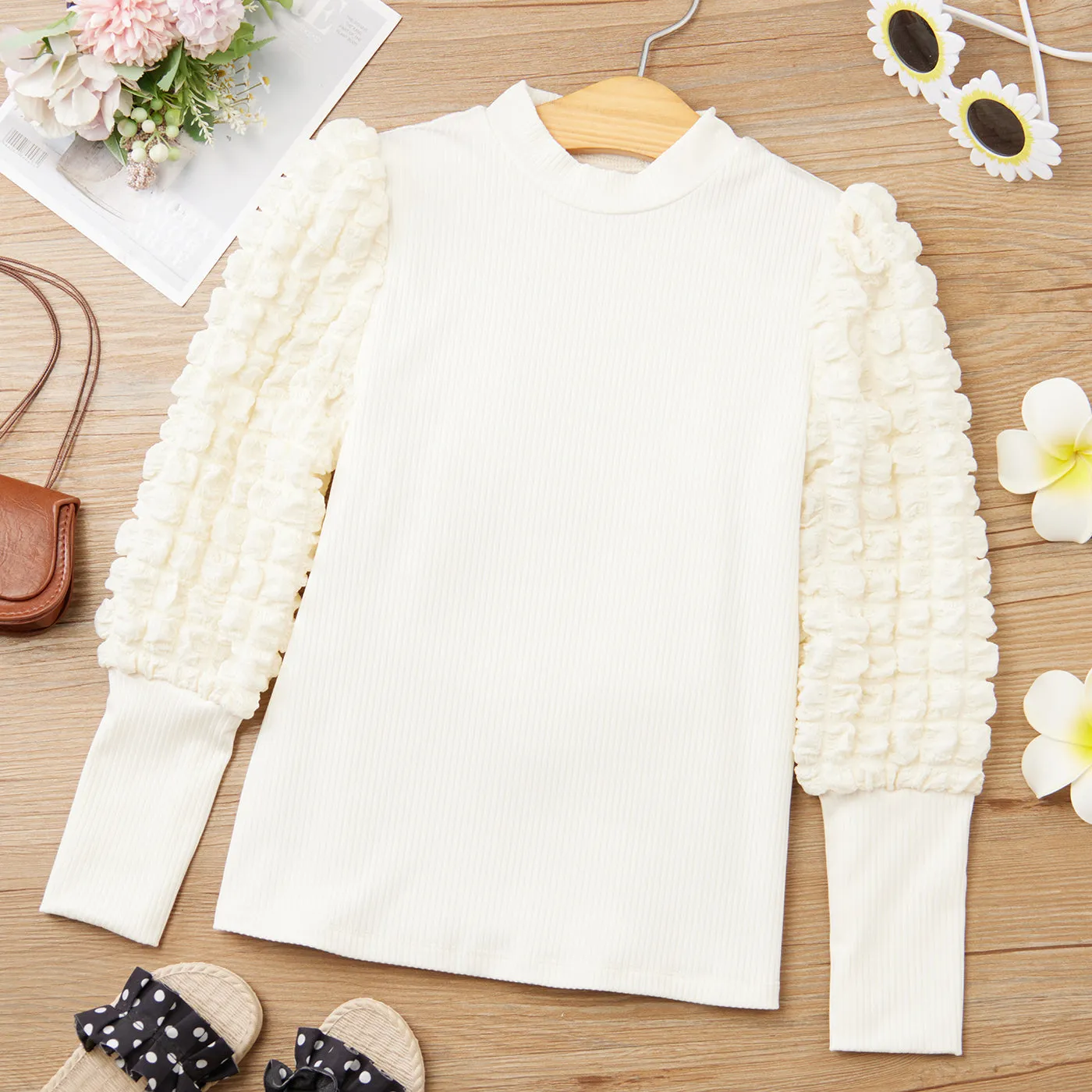 Kid Girl Textured Long Puff-sleeve Mock Neck Solid Color Tee