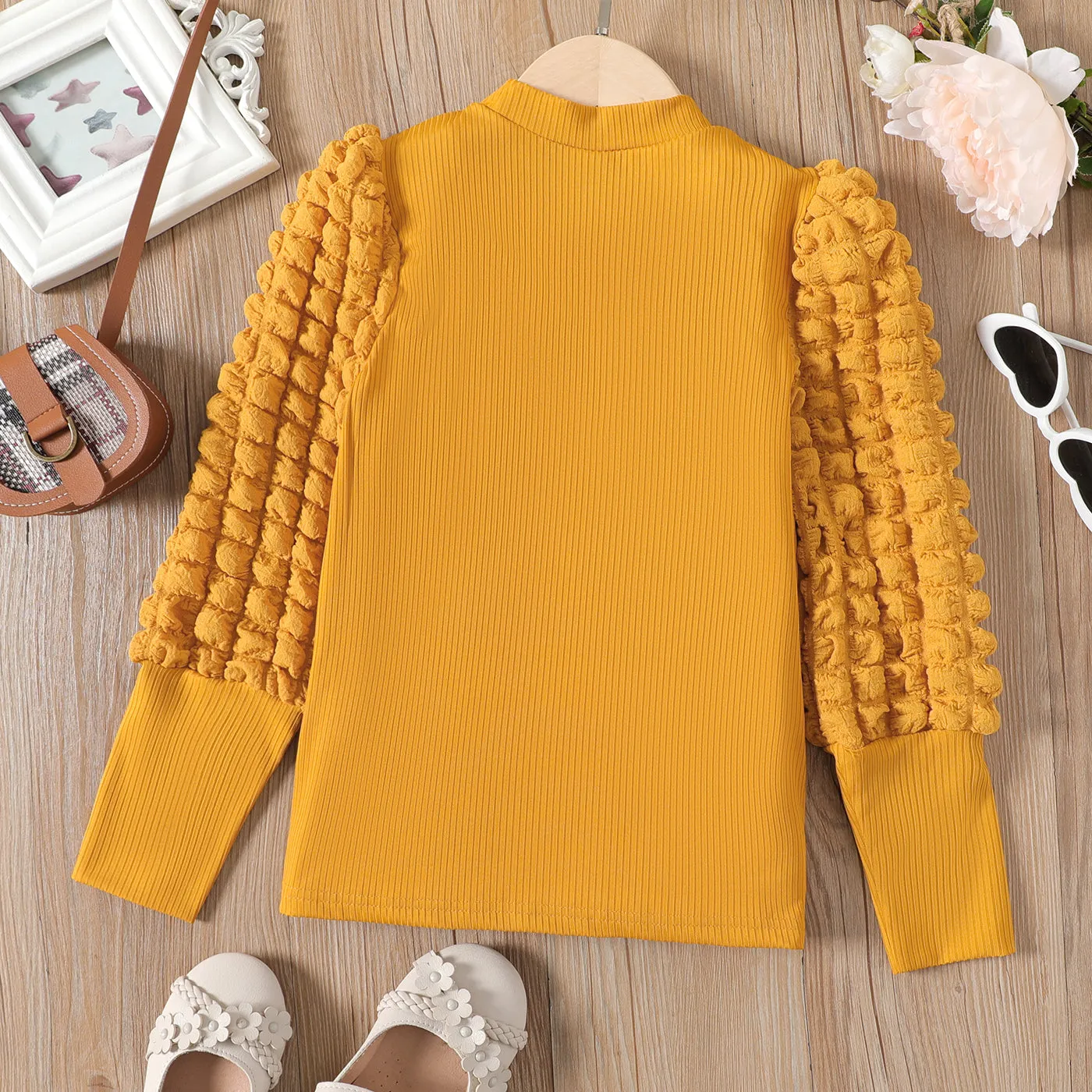 Kid Girl Textured Long Puff-sleeve Mock Neck Solid Color Tee