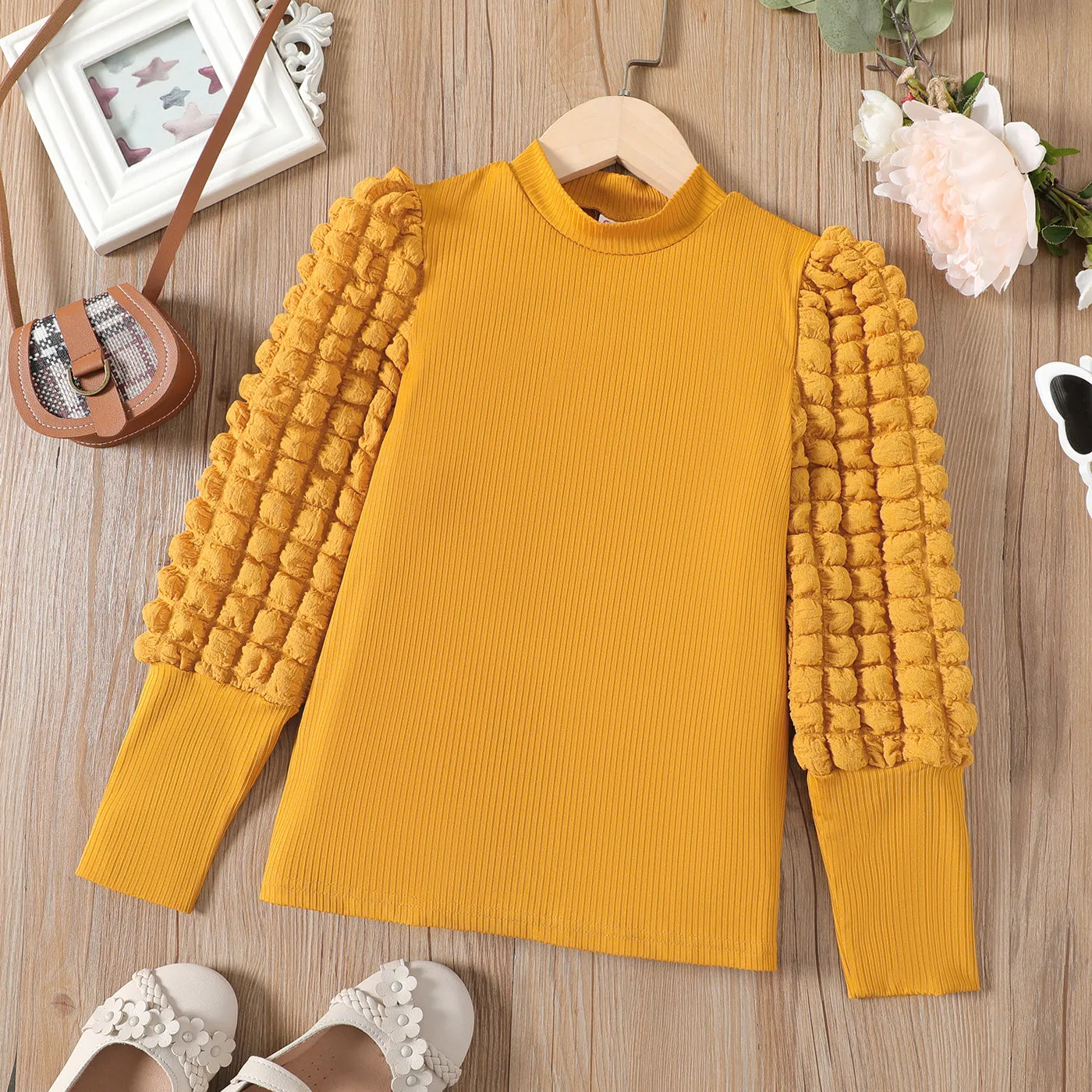 Kid Girl Textured Long Puff-sleeve Mock Neck Solid Color Tee