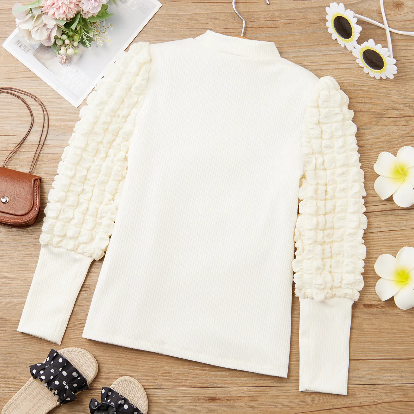 Kid Girl Textured Long Puff-sleeve Mock Neck Solid Color Tee