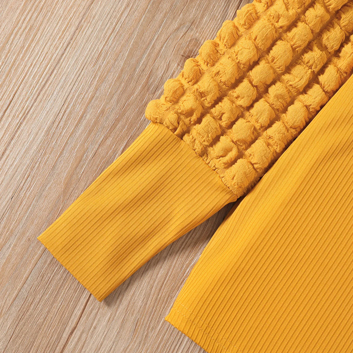 Kid Girl Textured Long Puff-sleeve Mock Neck Solid Color Tee