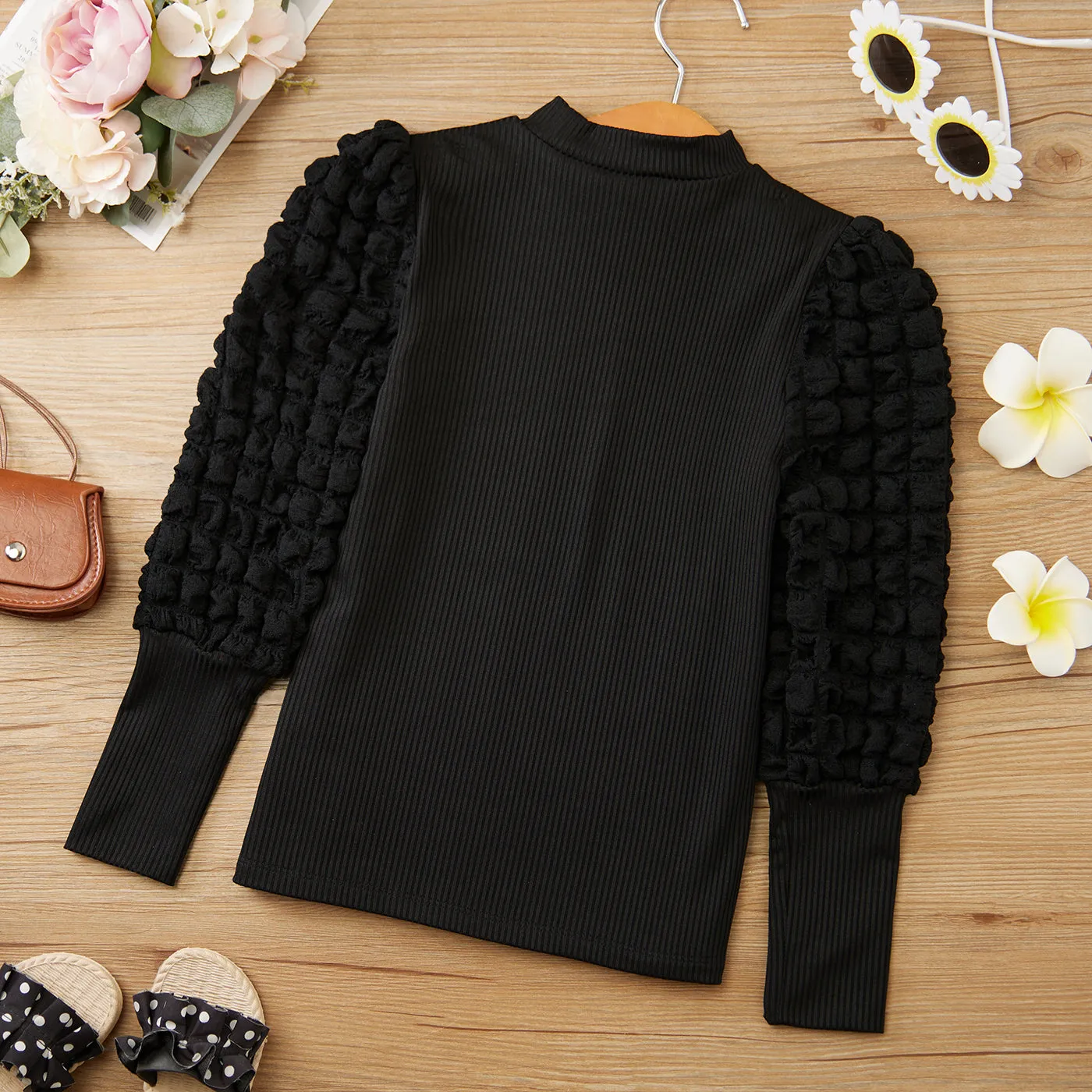 Kid Girl Textured Long Puff-sleeve Mock Neck Solid Color Tee