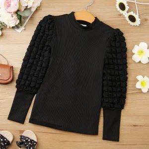 Kid Girl Textured Long Puff-sleeve Mock Neck Solid Color Tee