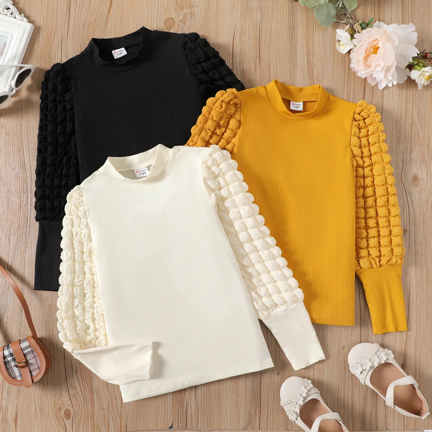 Kid Girl Textured Long Puff-sleeve Mock Neck Solid Color Tee