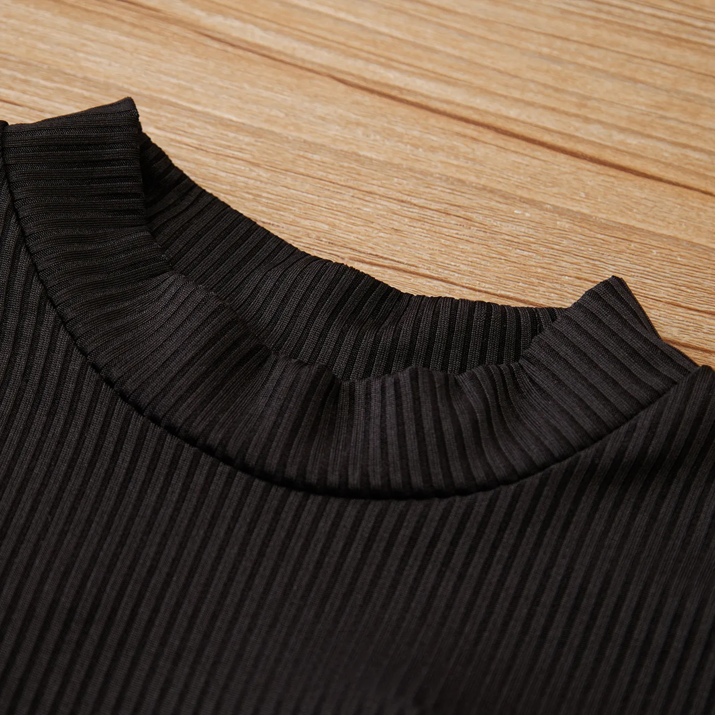 Kid Girl Textured Long Puff-sleeve Mock Neck Solid Color Tee