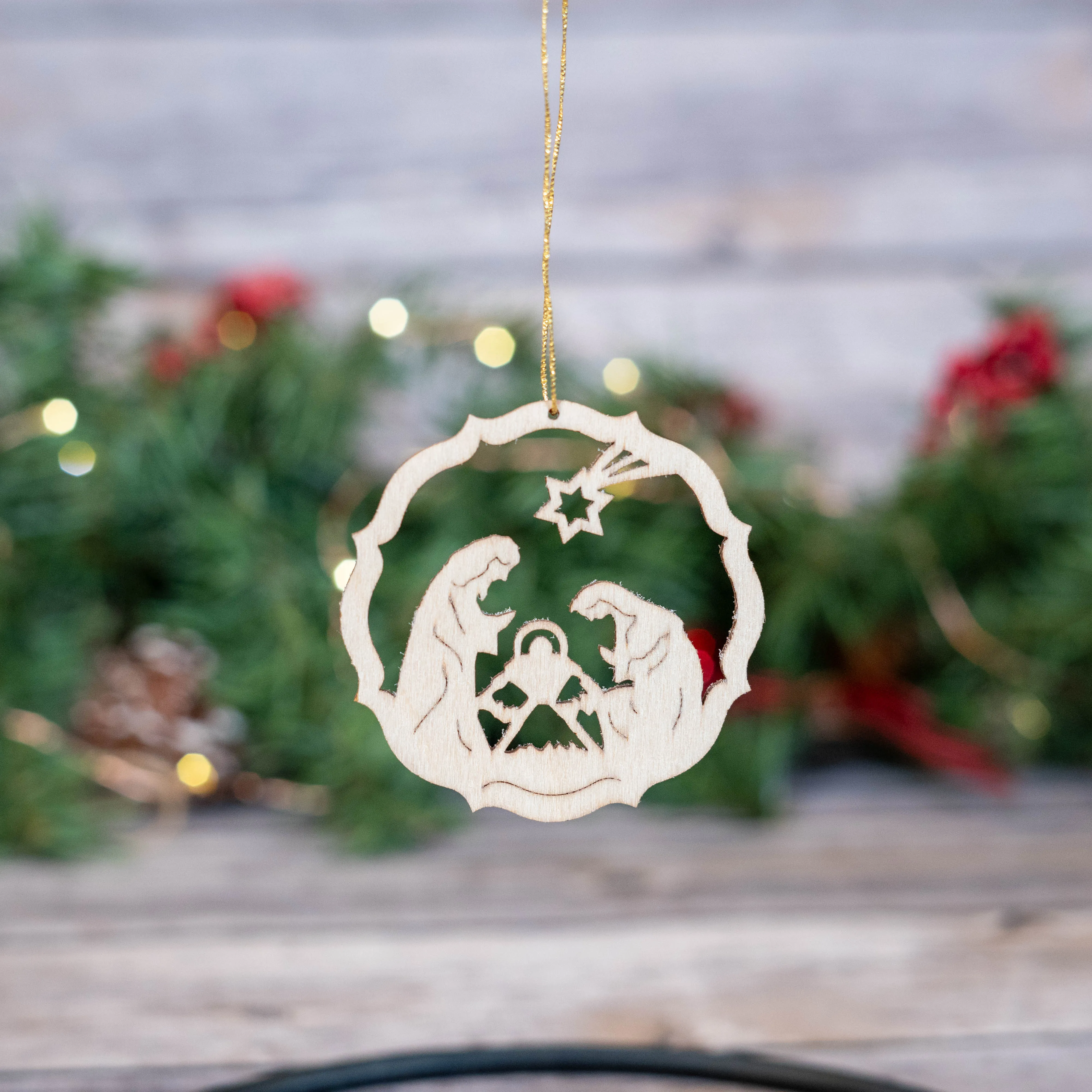 Laser Cut Wreath Ornament with Nativity Center