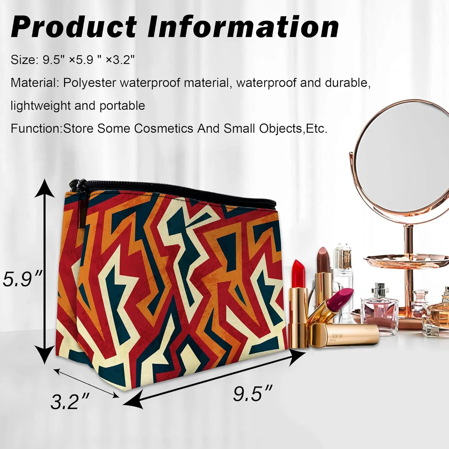 Makeup Bag for Purse, Waterproof Funny Boho African Aztec Cosmetic Bag for Women, Zipper Travel Toiletry Pouch Ethnic Geometric Gift 9.55.9 Inch