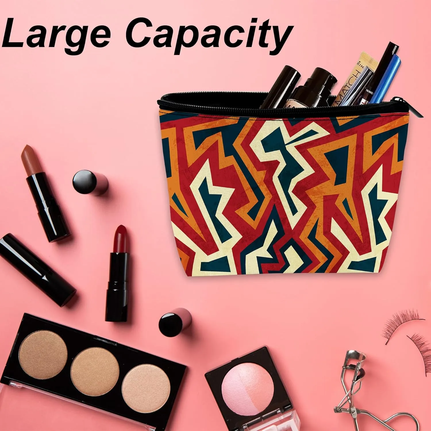 Makeup Bag for Purse, Waterproof Funny Boho African Aztec Cosmetic Bag for Women, Zipper Travel Toiletry Pouch Ethnic Geometric Gift 9.55.9 Inch