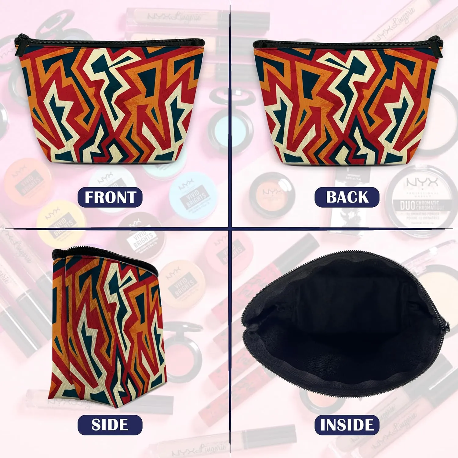 Makeup Bag for Purse, Waterproof Funny Boho African Aztec Cosmetic Bag for Women, Zipper Travel Toiletry Pouch Ethnic Geometric Gift 9.55.9 Inch