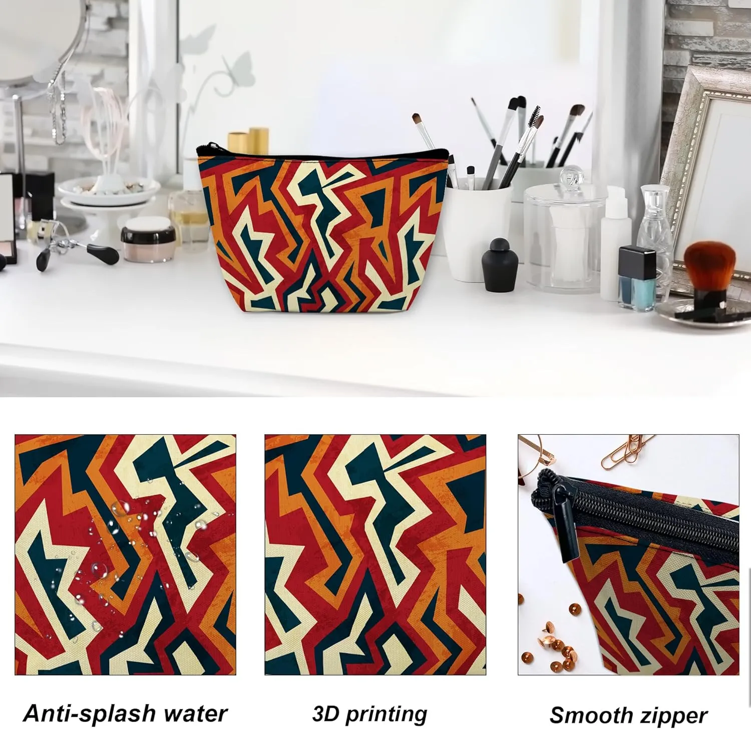 Makeup Bag for Purse, Waterproof Funny Boho African Aztec Cosmetic Bag for Women, Zipper Travel Toiletry Pouch Ethnic Geometric Gift 9.55.9 Inch