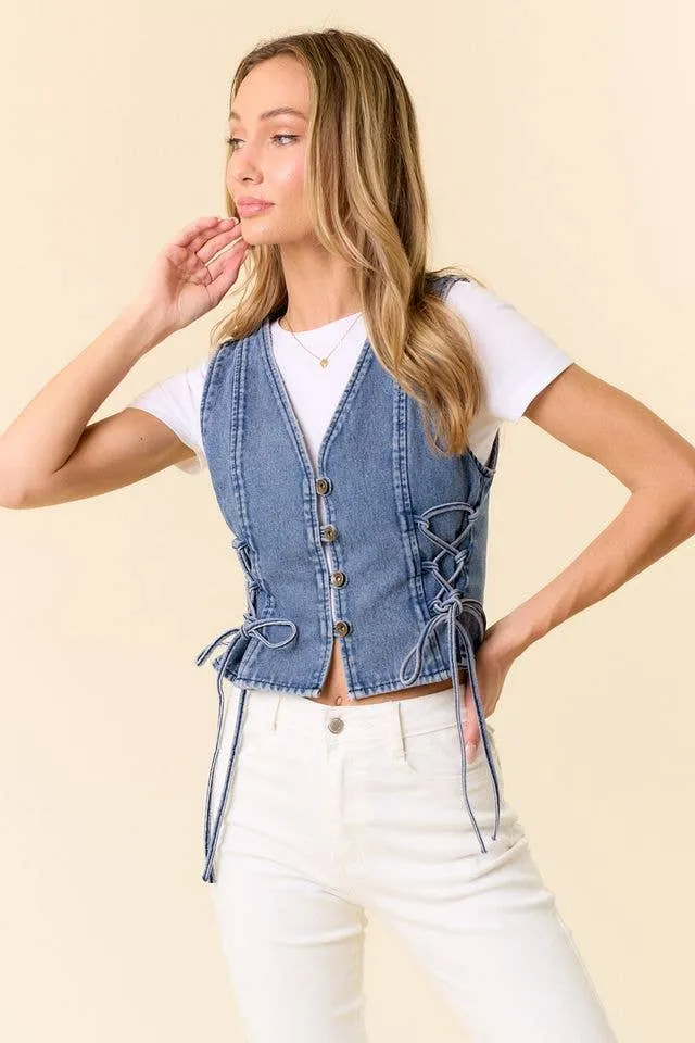 MIDTONE LACE UP DENIM VEST