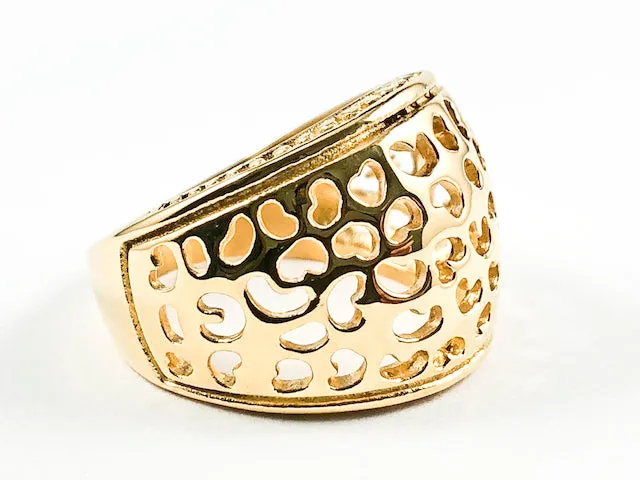 Modern Honeycomb Style Dome Shiny Metallic Style Gold Tone Steel Ring