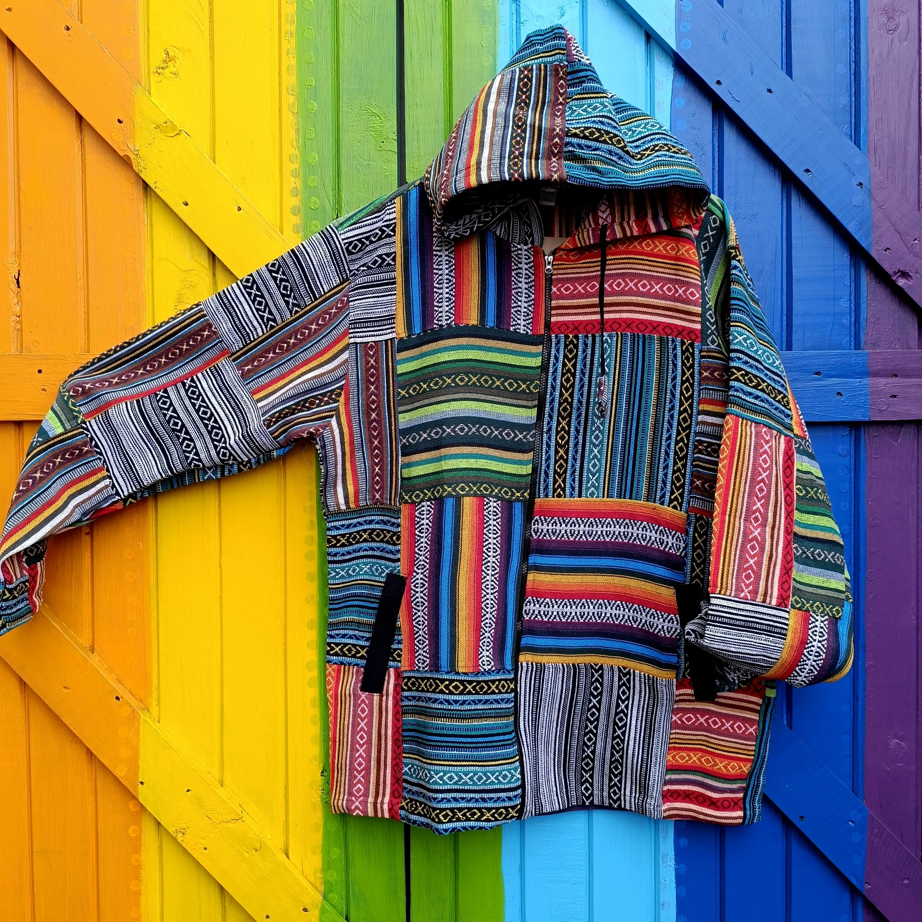 Multi Colour Funky Cotton Unisex Patchwork Gheri Hoodie