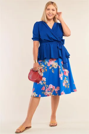 Plus Size Blue Puff Sleeve Pleated Wrap Top