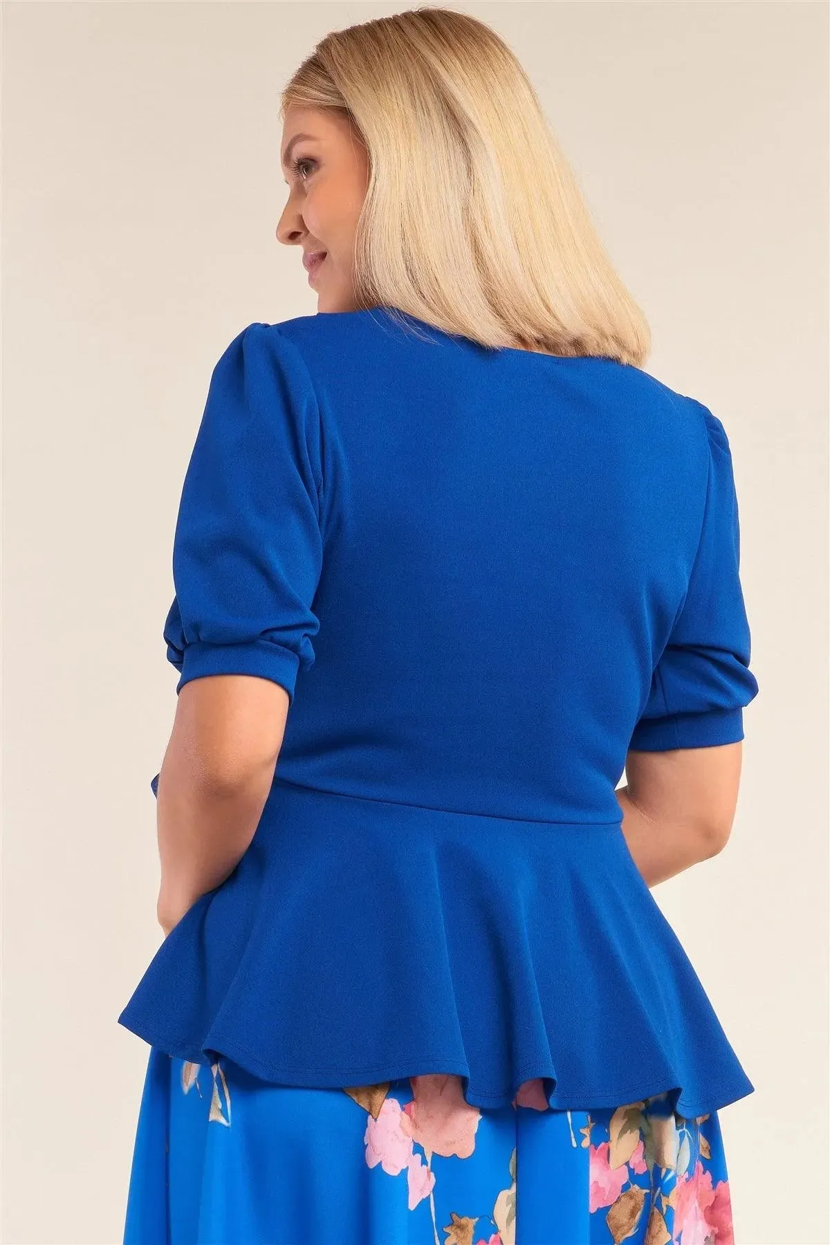 Plus Size Blue Puff Sleeve Pleated Wrap Top