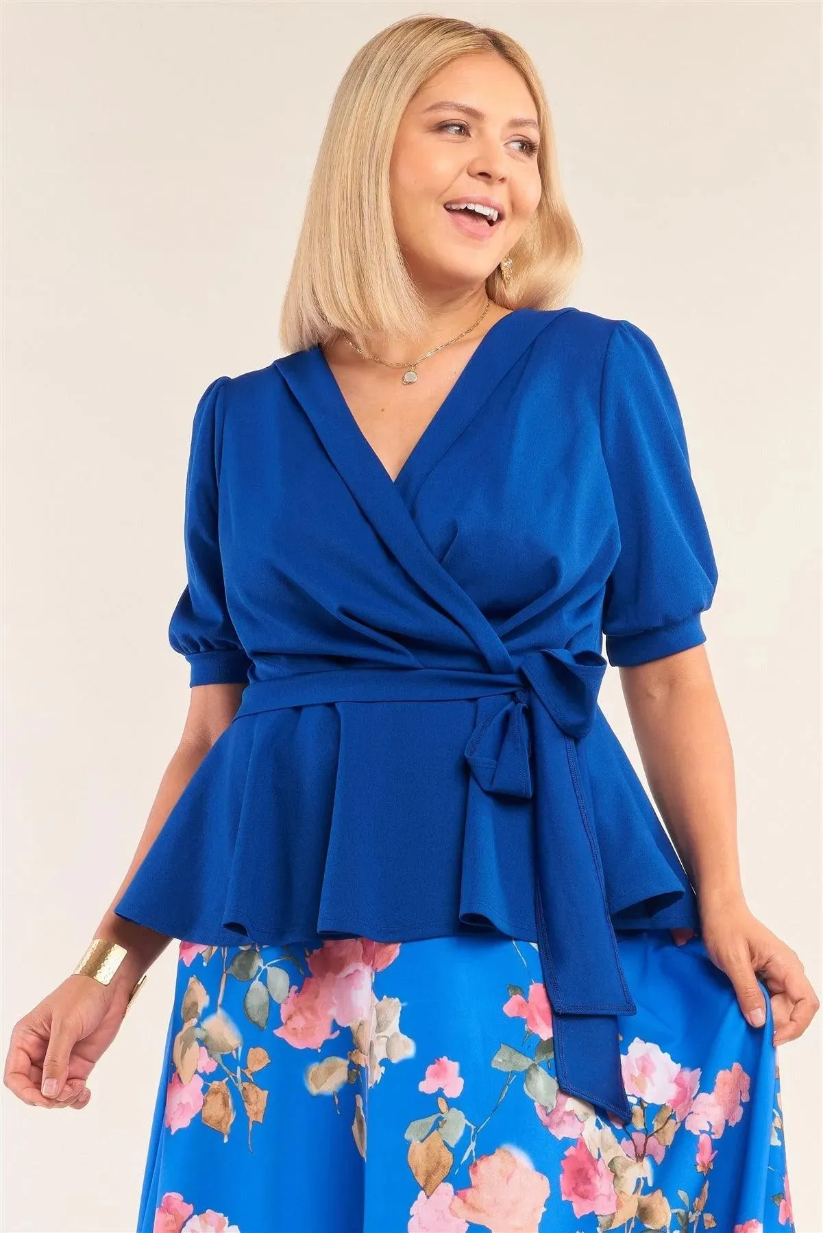Plus Size Blue Puff Sleeve Pleated Wrap Top