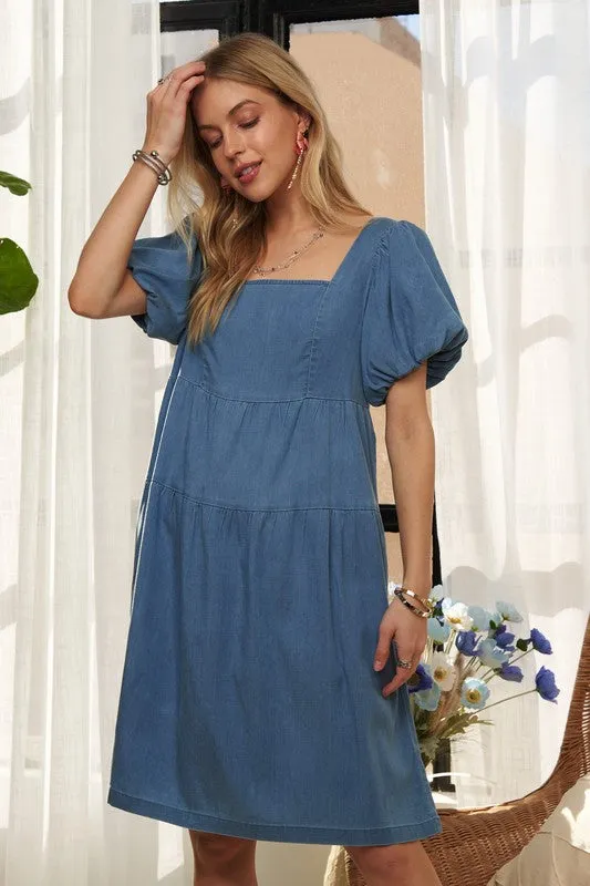 Puff Sleeve Denim Dress