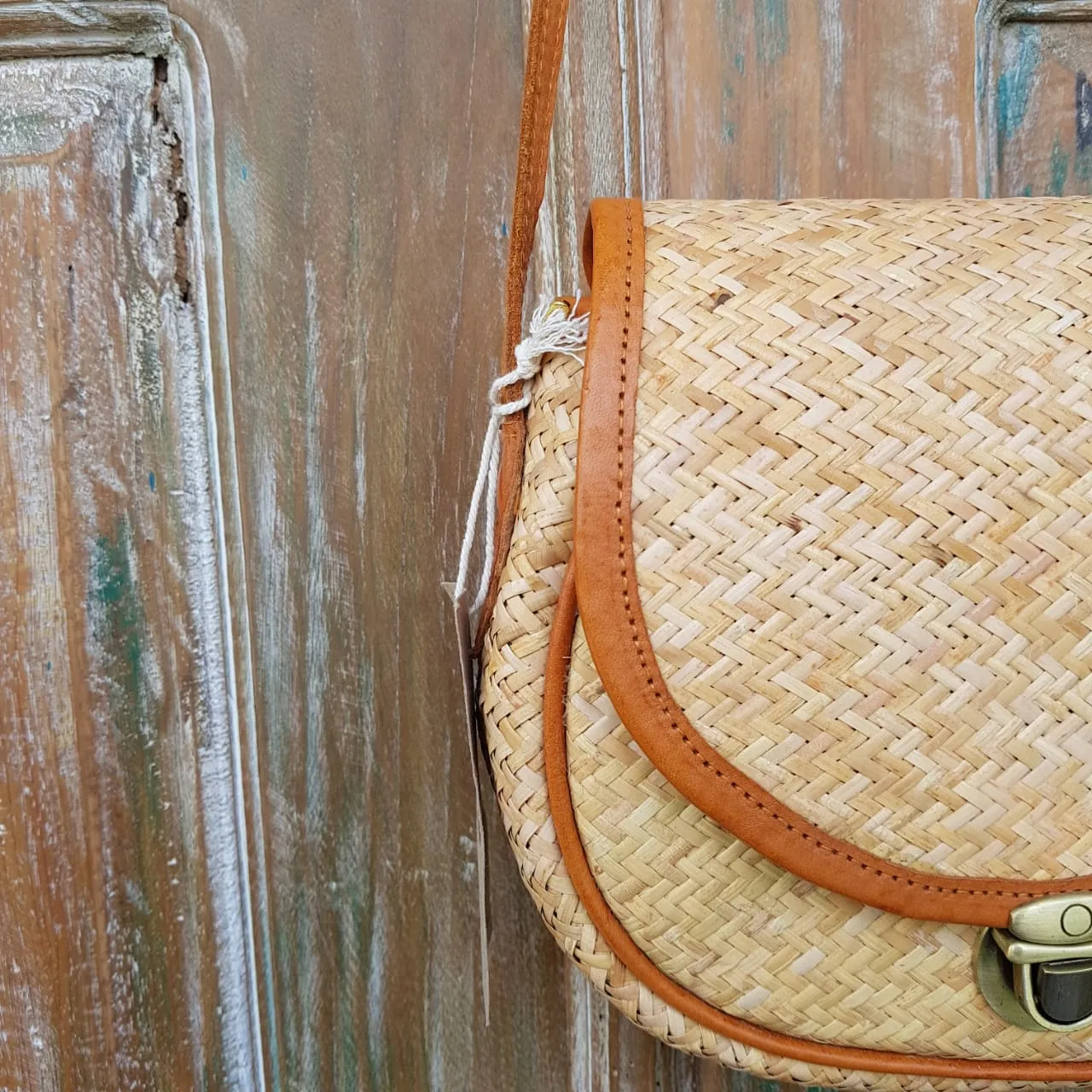 Rattan & Leather Half Round Shoulder Bag