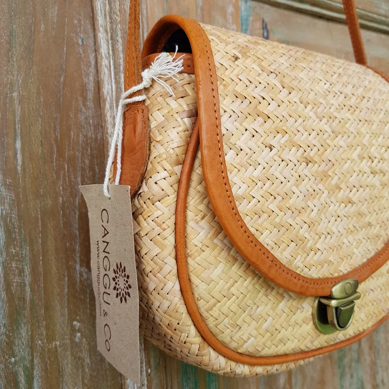 Rattan & Leather Half Round Shoulder Bag
