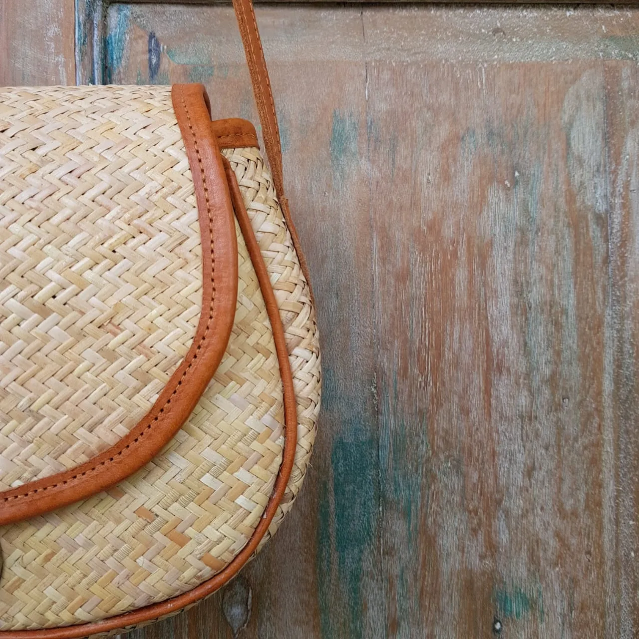 Rattan & Leather Half Round Shoulder Bag
