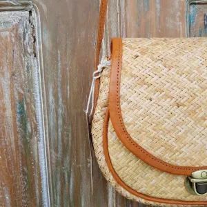 Rattan & Leather Half Round Shoulder Bag