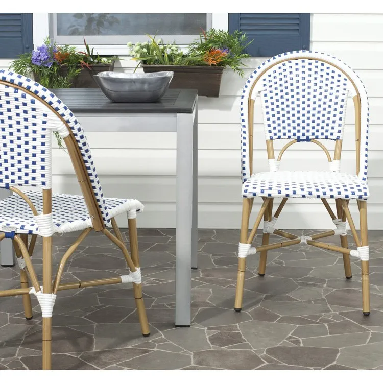 Salcha Indoor/Outdoor French Bistro Stacking Side Chairs Set of 2 - Blue/White/Light Brown