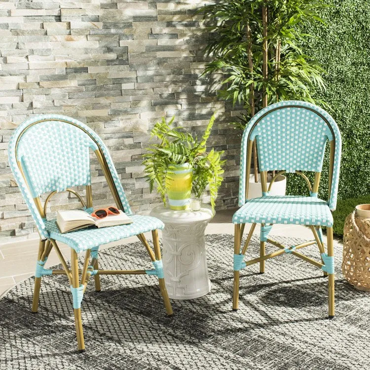 Salcha Indoor/Outdoor French Bistro Stacking Side Chairs Set of 2 - Teal/White/Light Brown