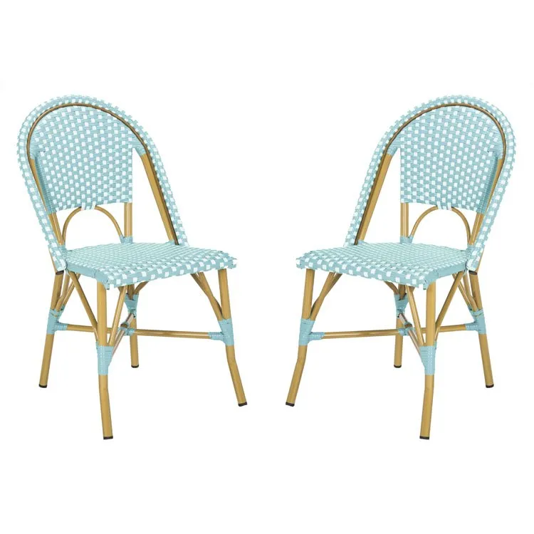Salcha Indoor/Outdoor French Bistro Stacking Side Chairs Set of 2 - Teal/White/Light Brown