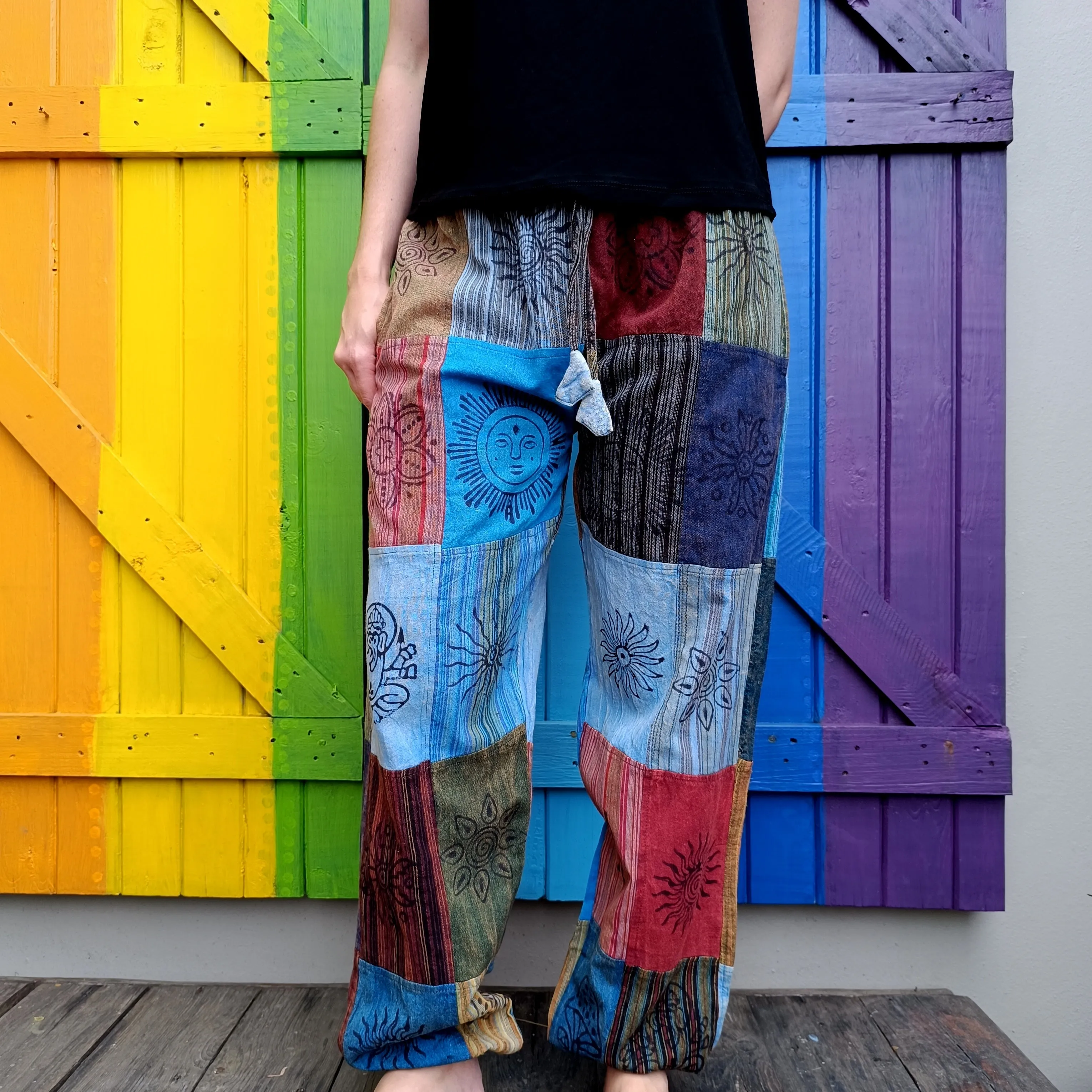Smaller Cut Patchwork Long Pants with Stamp Detail and Elasticated Ankles Size SMALL
